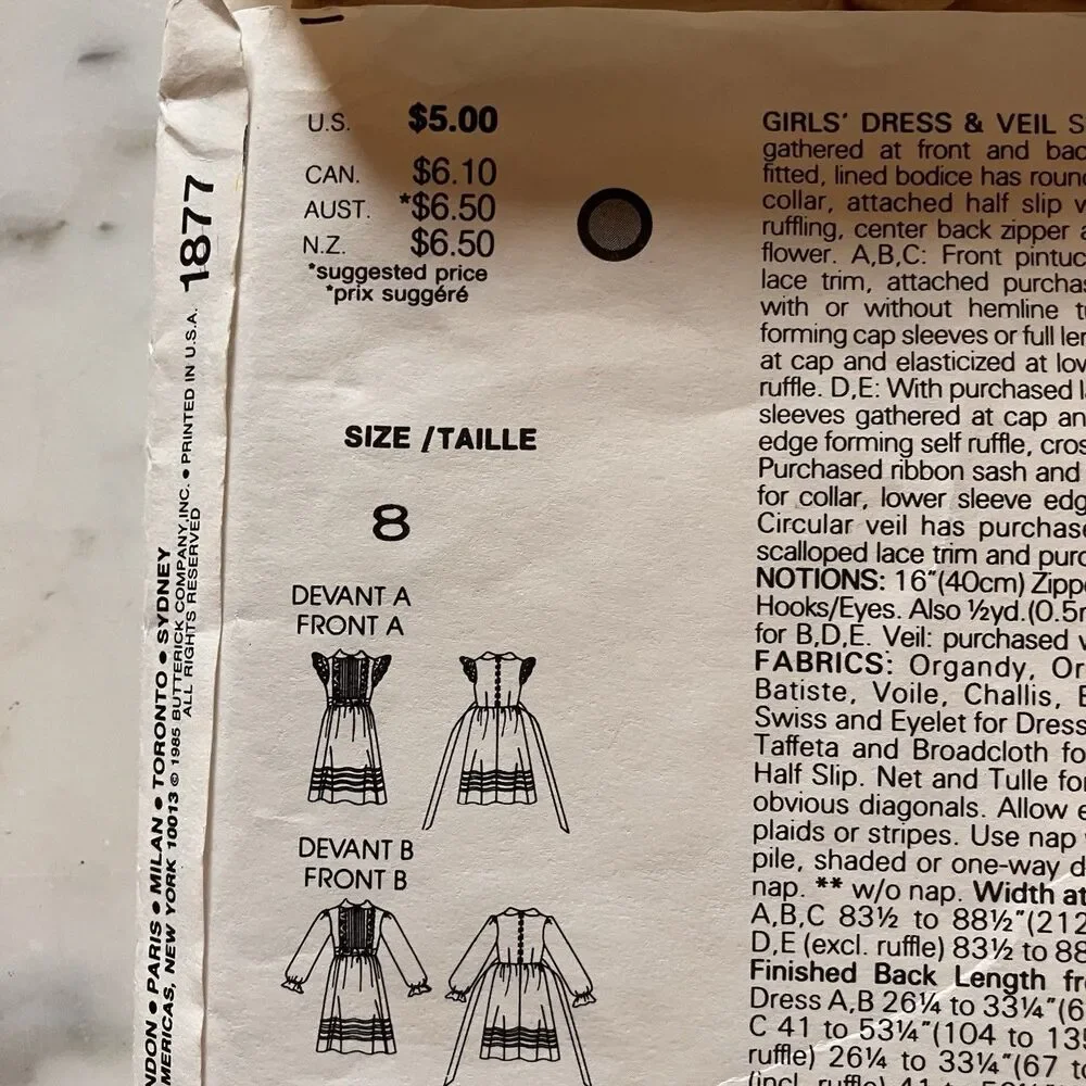 Vintage Little Vogue Girls' Dress‎ & Veil Pattern #1877 Size 8 CUT Vintage